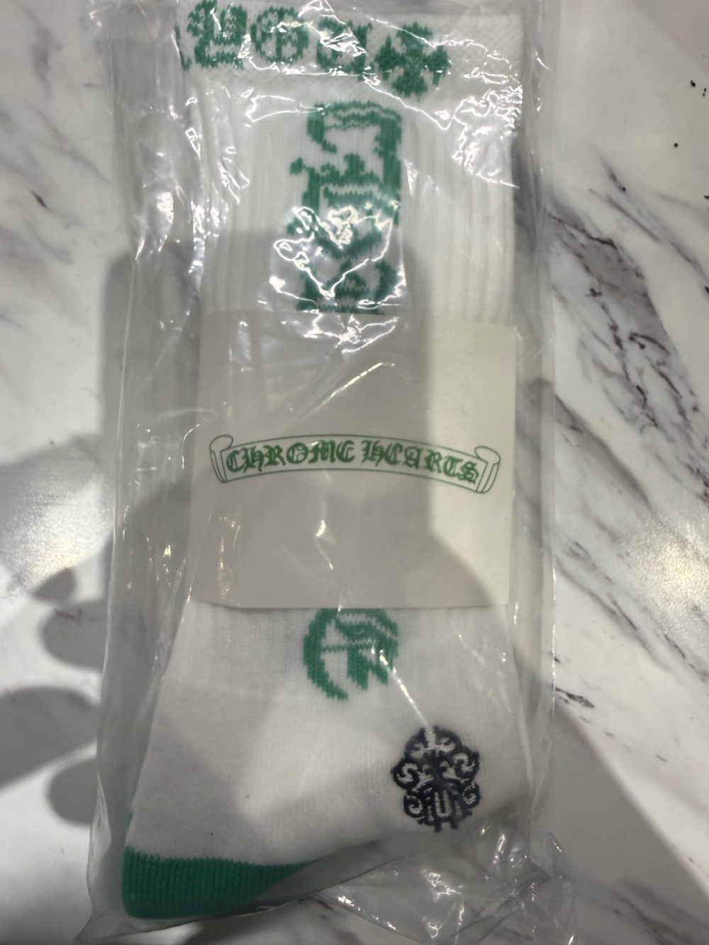 Chrome Hearts White Crew Socks with Green Accents and Black Crest